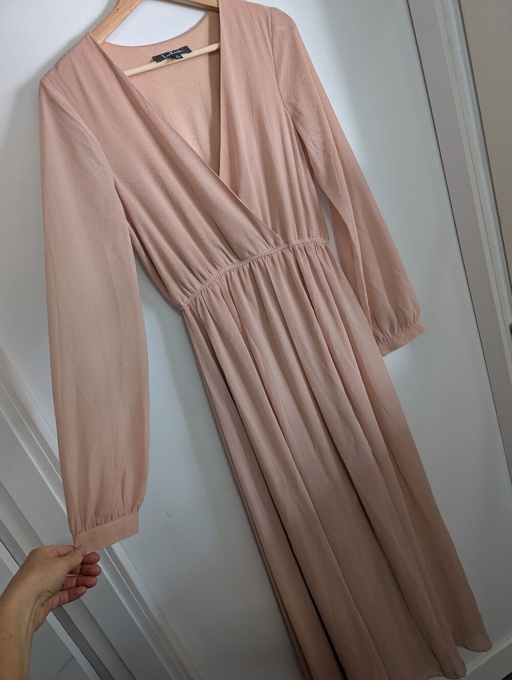 Lulu's Small Formal Maxi Dress Wondrous Water Nude Pink Gown A-line Long Sleeve